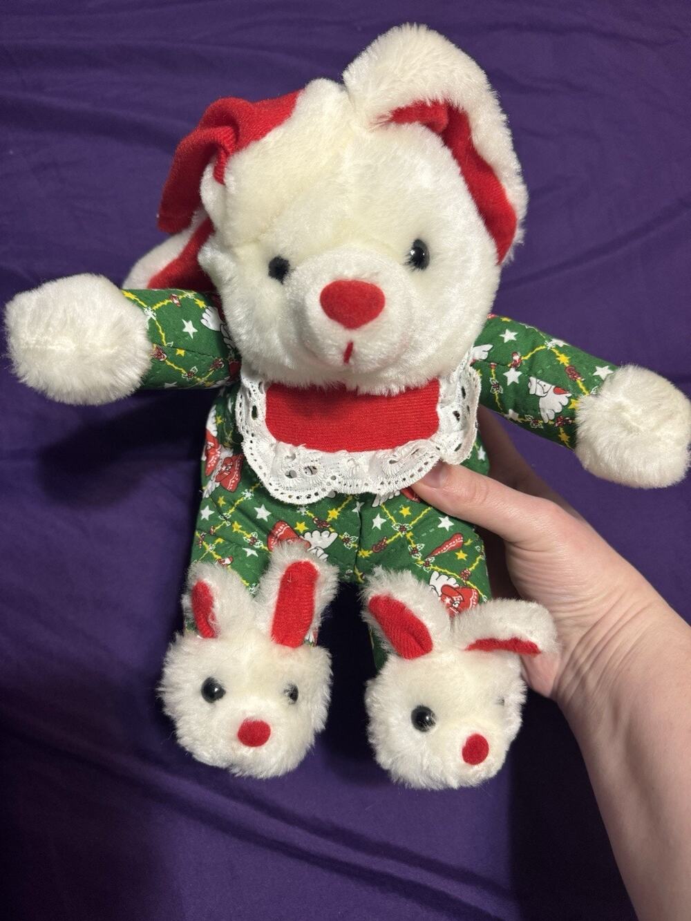 Vintage Christmas Themed Bunny Rabbit Plush Toy Stuffed Animal